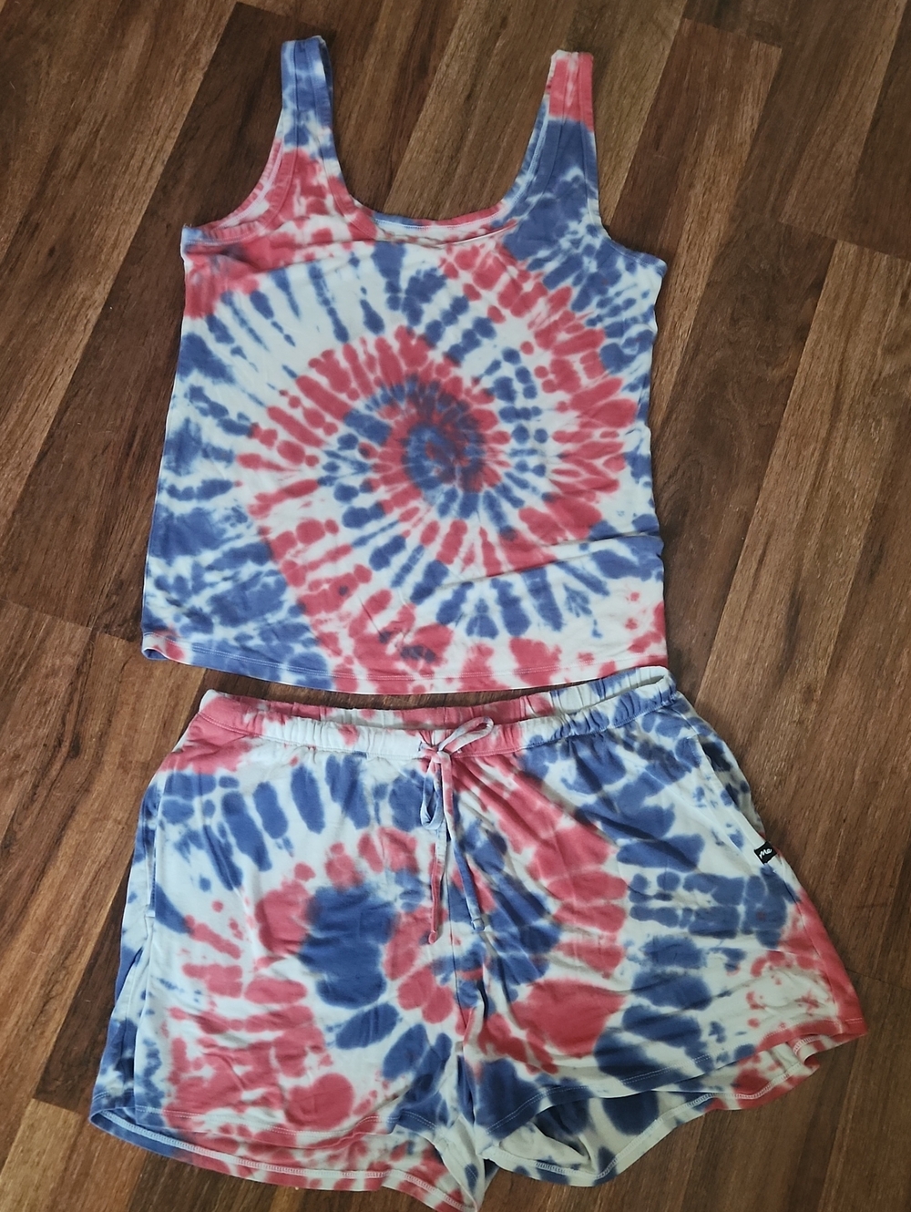MeUndies 2 Piece Pajama Set Red, White & Blue Tie Dye Top Size L Shorts Size M